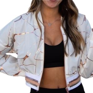 NWT Lime & Vine GWEN Reversible Mesh Cropped Bomber Jacket WHITE & GOLD